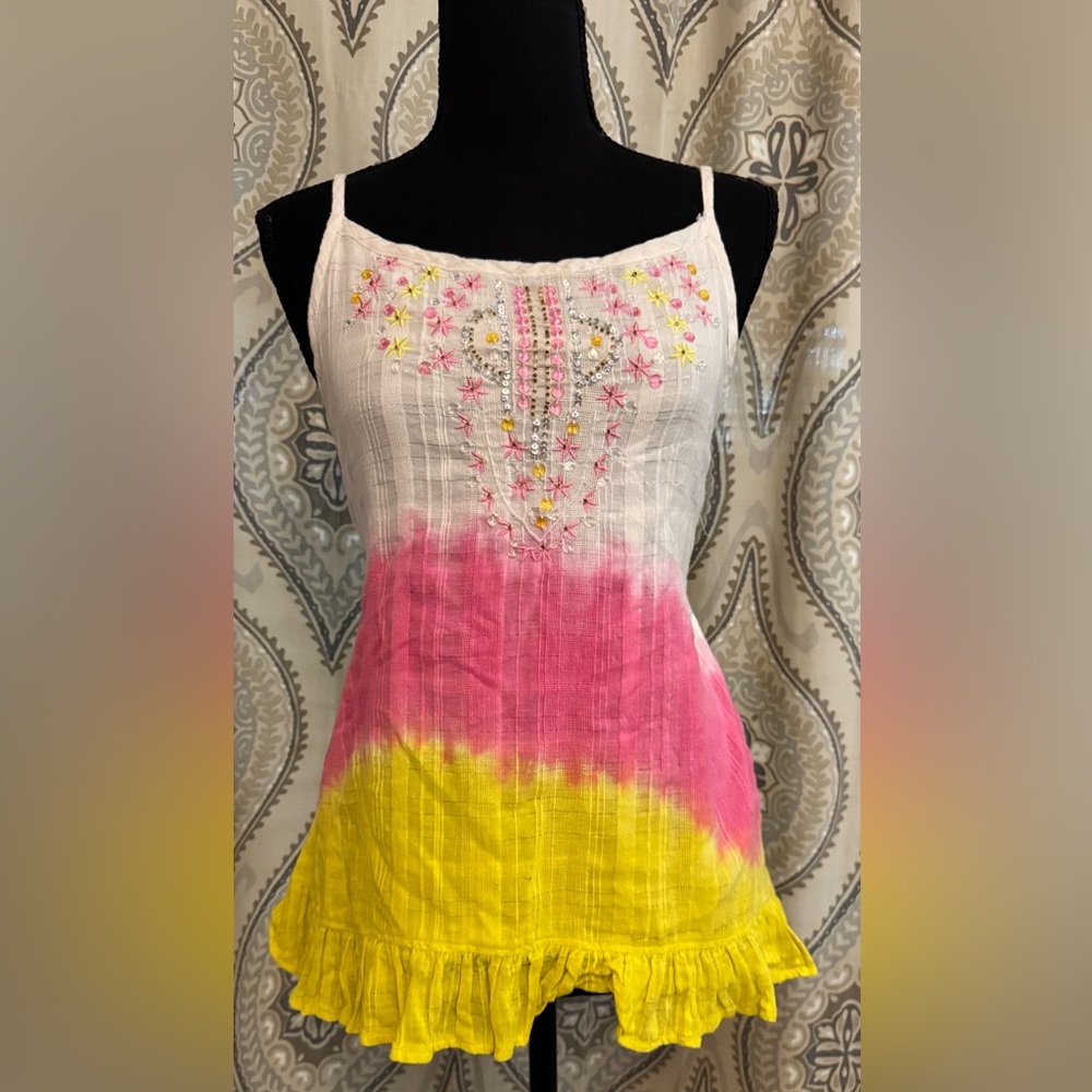 Floral Embroidered Pink and Yellow Women's Top